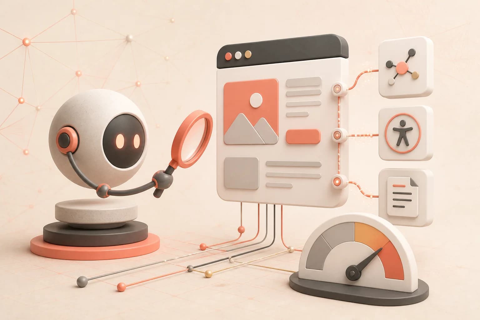 An abstract AI agent checks a website card, connected data points, accessibility, and a readiness gauge.