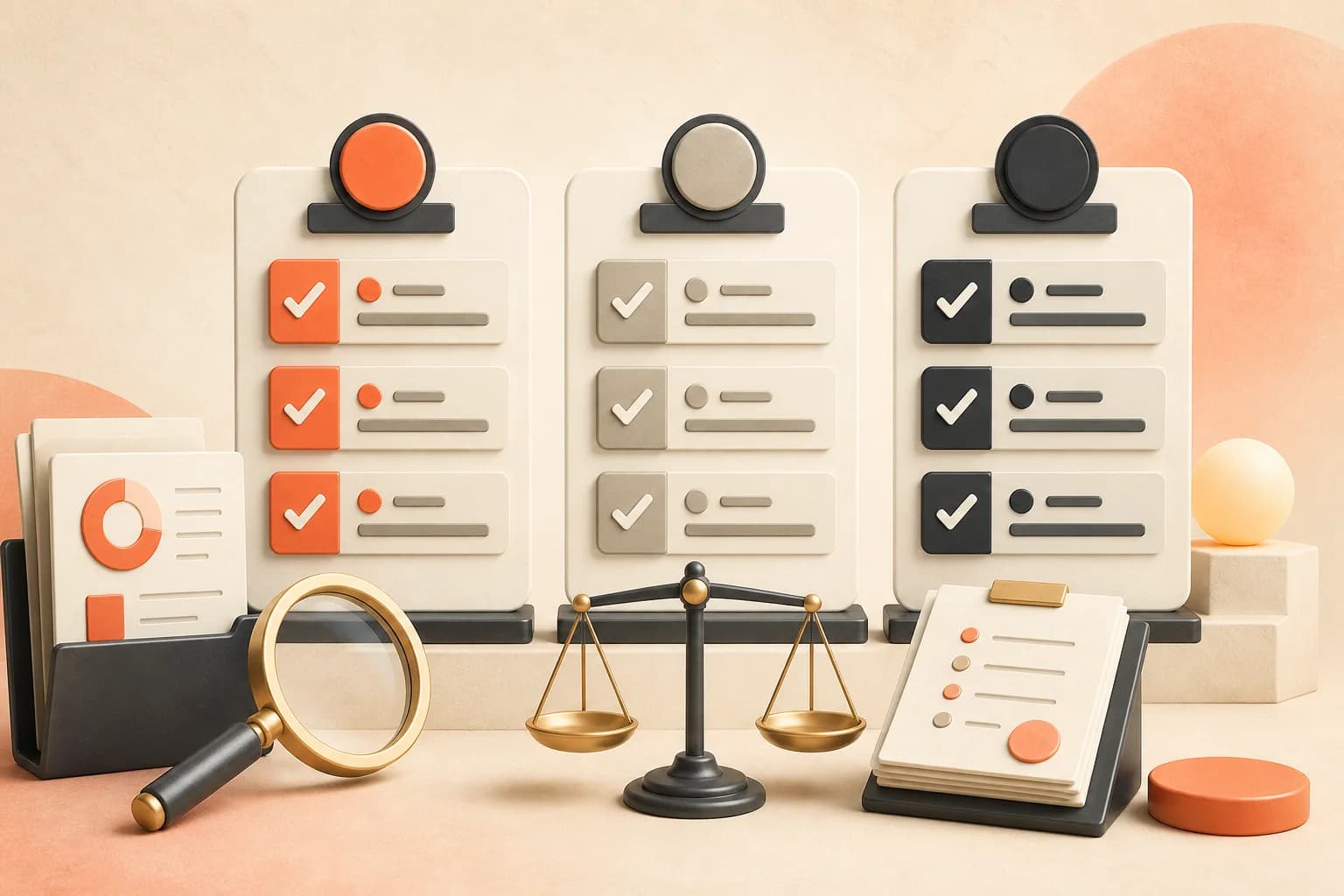 Three ranking boards stand beside source documents, a magnifier, and balanced scales.