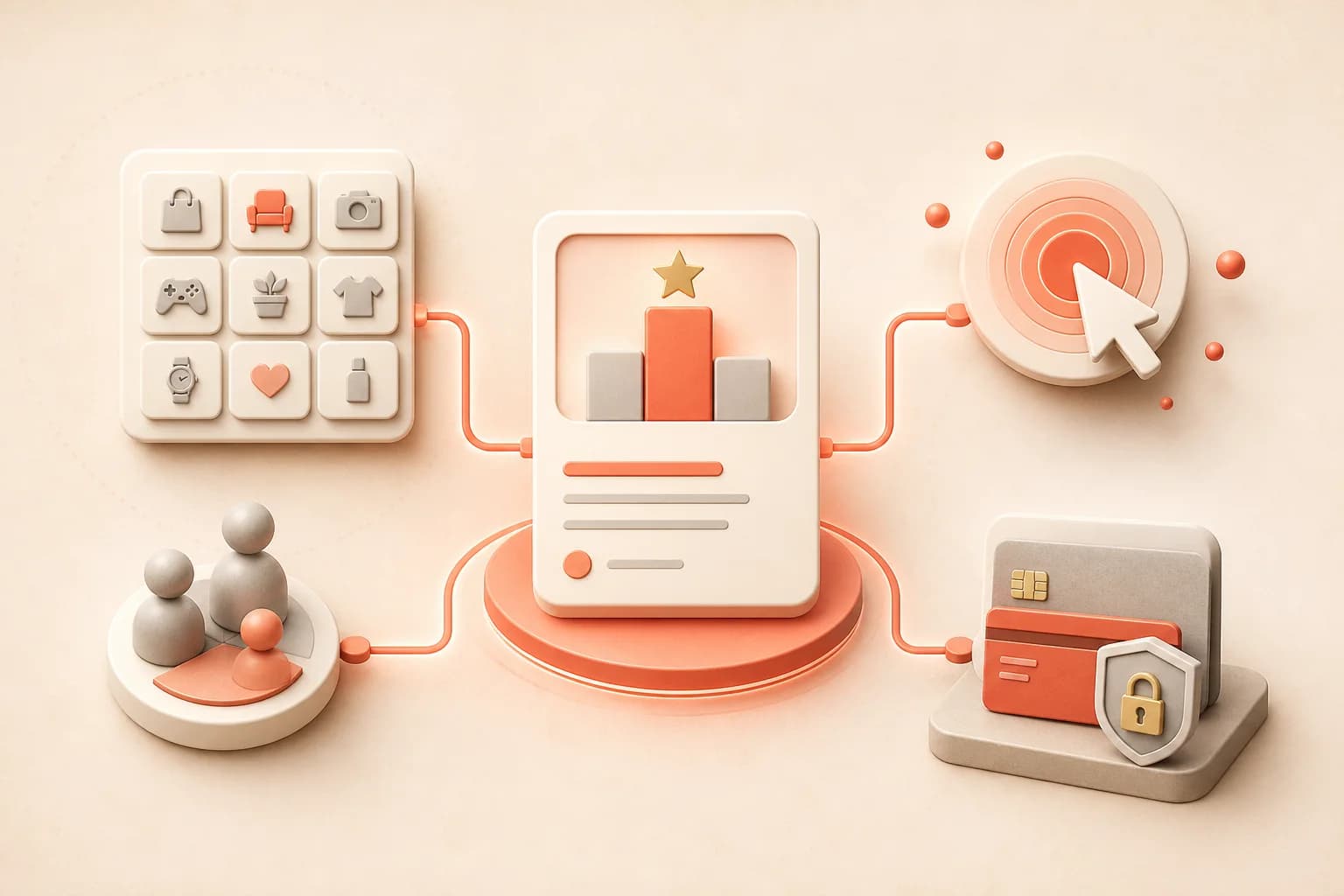 A central ranking card connects categories, visitors, click tracking, and a secure payment card.