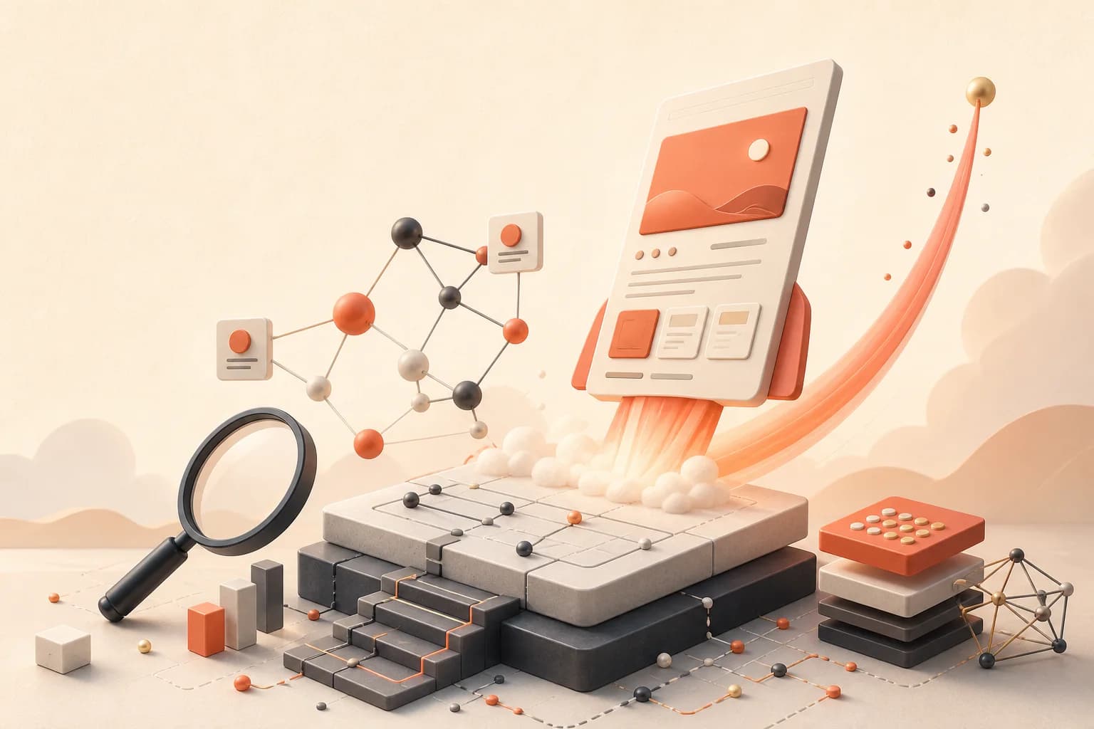 A product page launches upward from search, citation, schema, and crawl-path foundations.