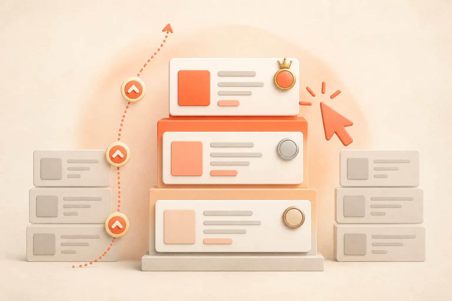 A coral ranking stack rises above smaller website cards as a click cursor follows an upward path.